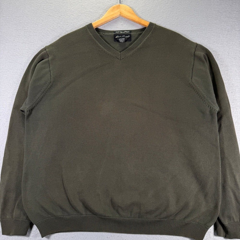 Vintage Eddie Bauer Mens V Neck Sweater XXL Olive Green 100% Pima Cotton Classic